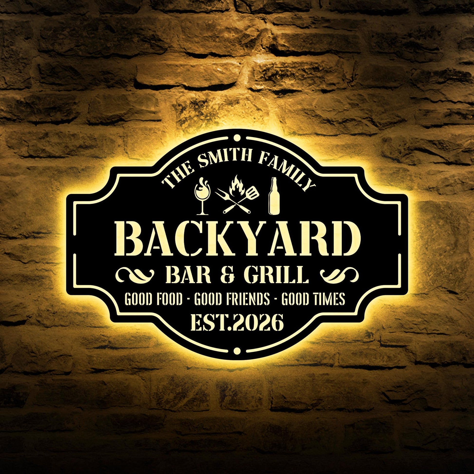 Personalized Backyard Bar & Grill Metal Sign – Custom Family Name Outdoor Decor