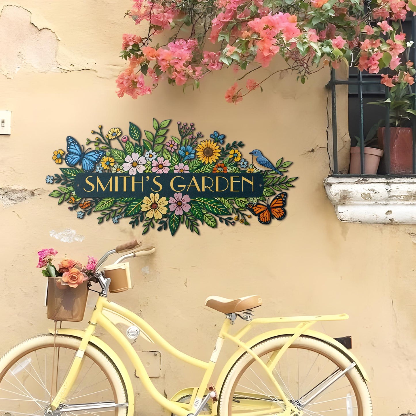 Personalized Garden Sign – Custom Floral Metal Wall Art, Outdoor Garden Name Plaque with Butterflies
