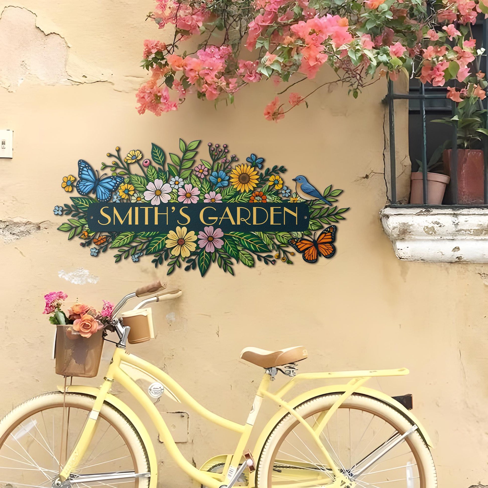 Personalized Garden Sign – Custom Floral Metal Wall Art, Outdoor Garden Name Plaque with Butterflies