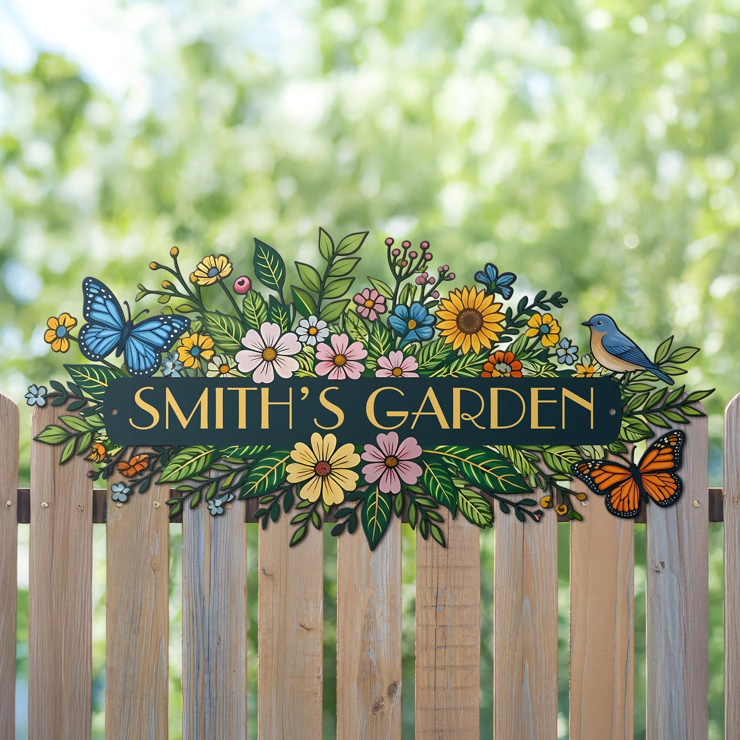 Personalized Garden Sign – Custom Floral Metal Wall Art, Outdoor Garden Name Plaque with Butterflies