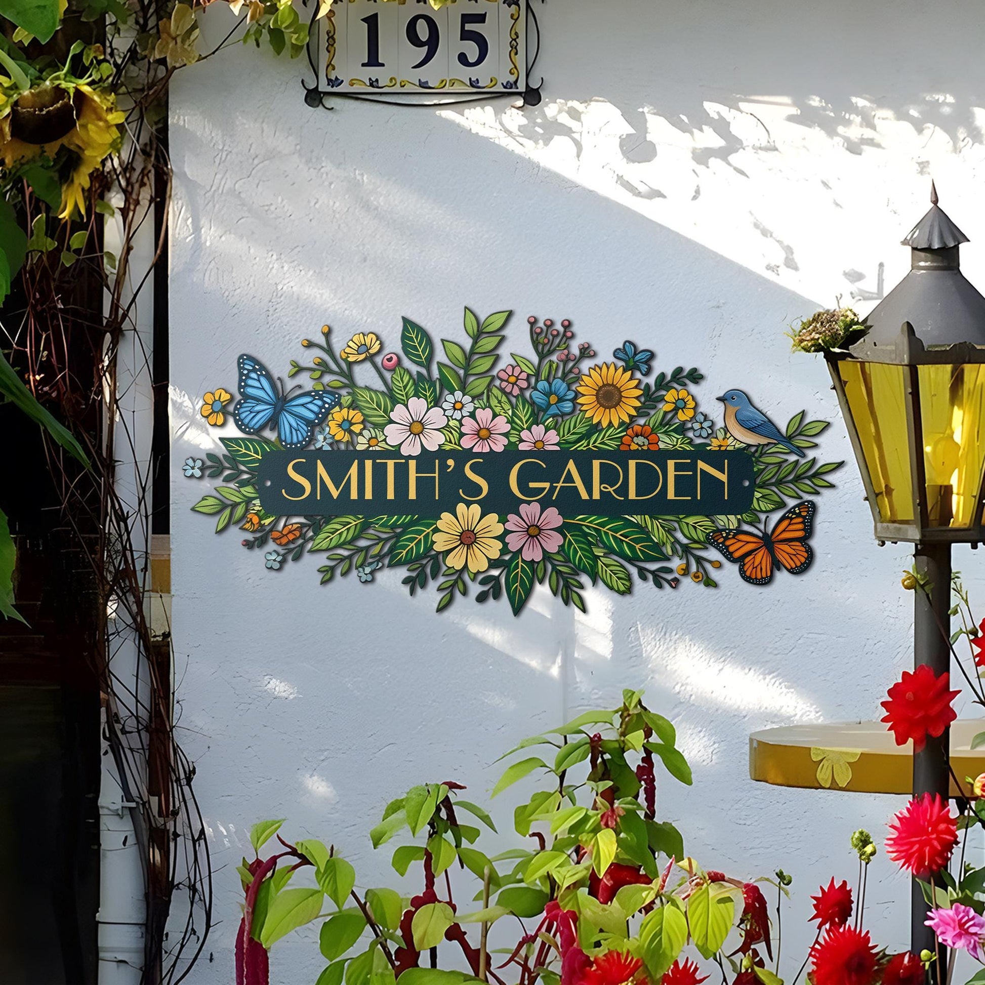 Personalized Garden Sign – Custom Floral Metal Wall Art, Outdoor Garden Name Plaque with Butterflies